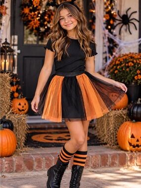 Cat & Jack Girls Halloween Orange, Black Tutu Tulle Skirt Size L (10-12)
